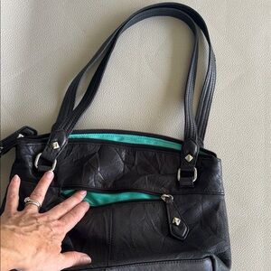 Black Stone Mountain Leather Handbag with Bright Teal Interior
